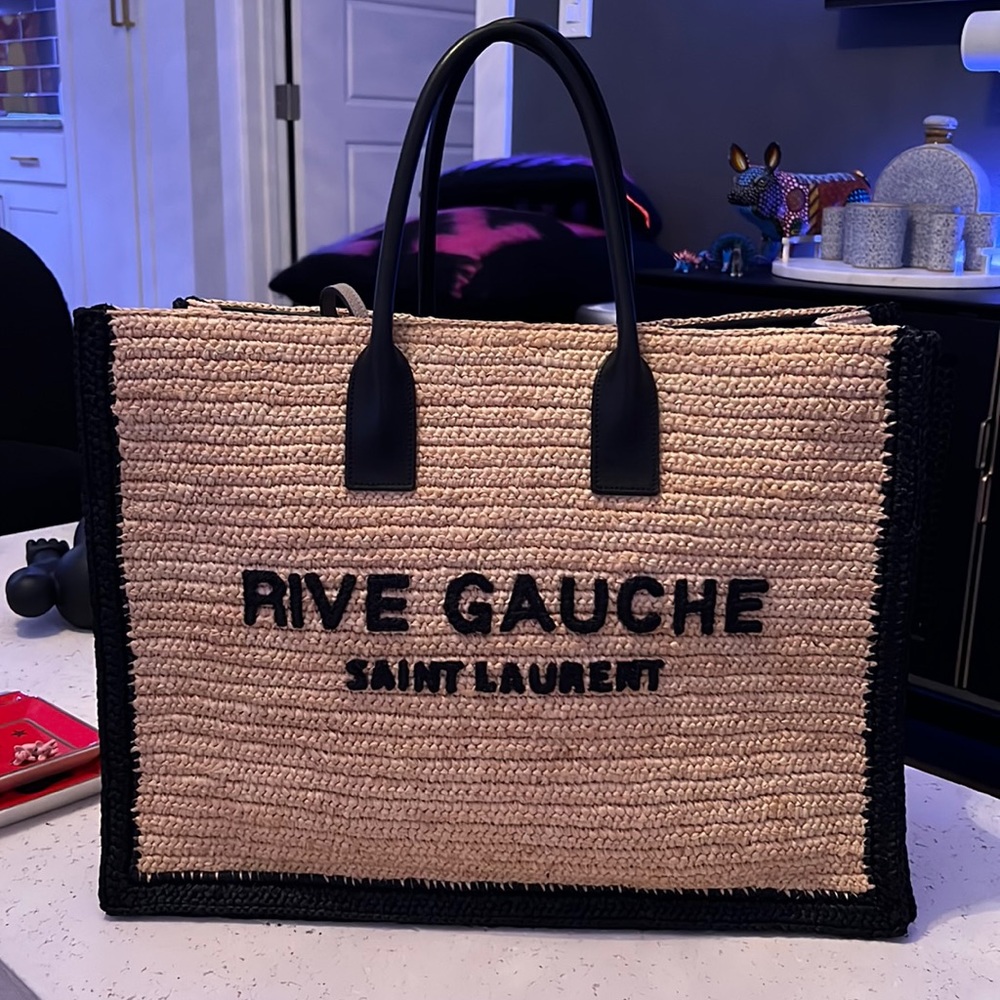 RIVE GAUCHE TOTE BAG IN RAFFIA AND LEATHER